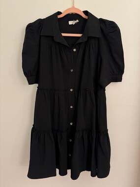 Entro Black Puff Short Sleeve Button Down Tiered Babydoll Mini Dress Size M